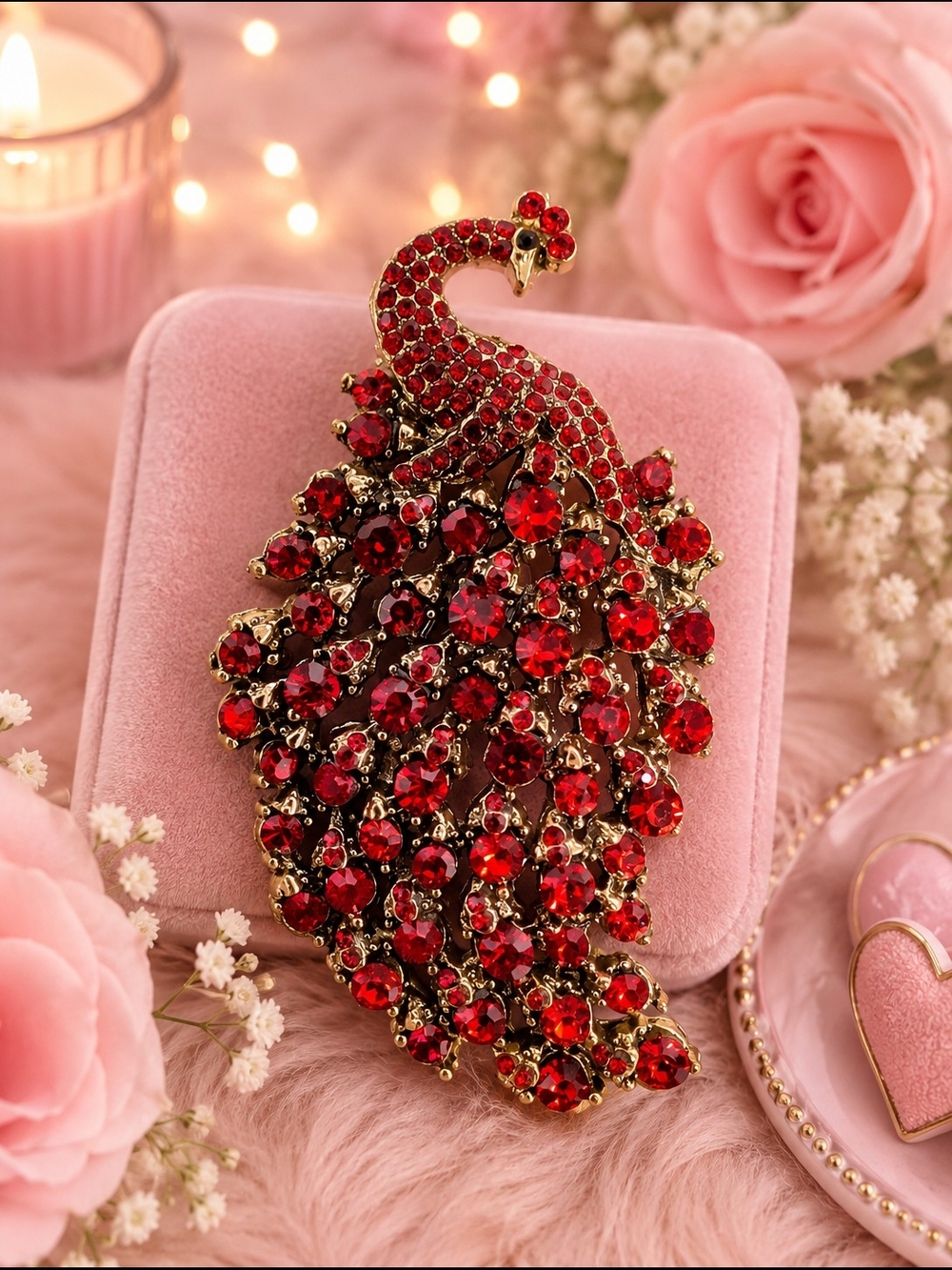 Red Crystal Peacock Brooch - Elegant Women Jewelry